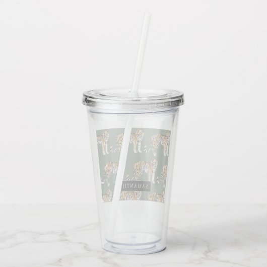 Tropisch groen Waterverf trekkerpatroon met naam Acryl Drinkbeker (Achterkant)