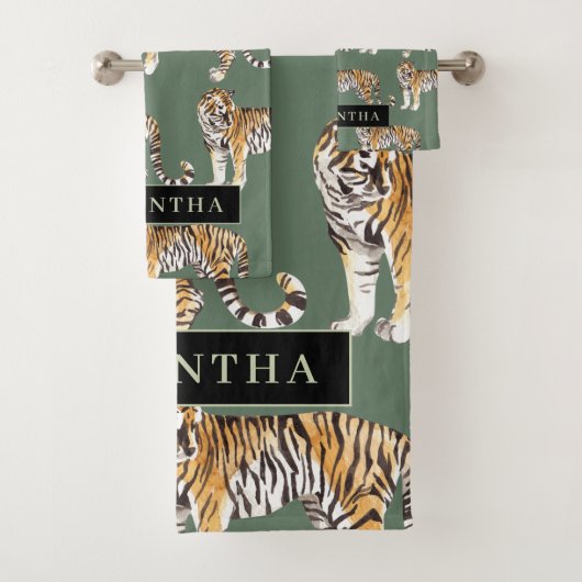 Tropisch groen Waterverf trekkerpatroon met naam Bad Handdoek (Insitu)
