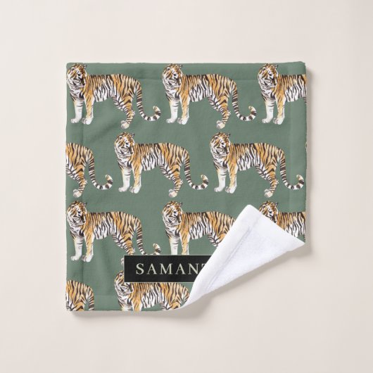 Tropisch groen Waterverf trekkerpatroon met naam Bad Handdoek (Wasdoekje)