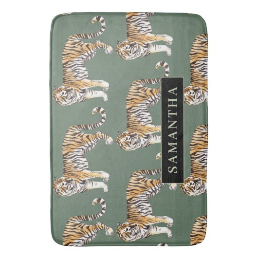 Tropisch groen Waterverf trekkerpatroon met naam Badmat (Voorkant Verticaal)