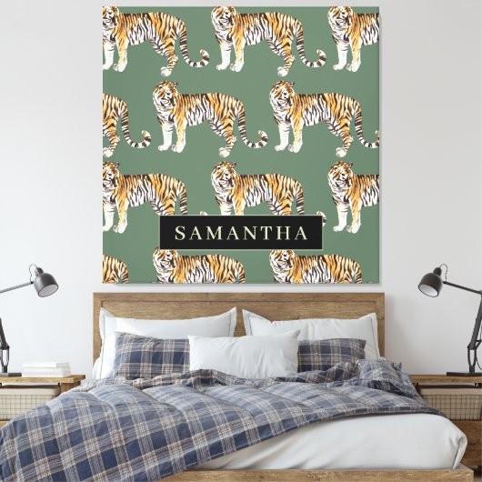 Tropisch groen Waterverf trekkerpatroon met naam Canvas Afdruk (Insitu (Slaapkamer))