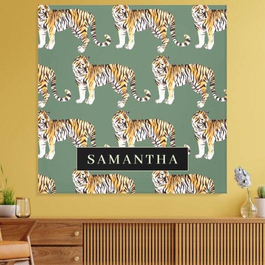 Tropisch groen Waterverf trekkerpatroon met naam Canvas Afdruk (Insitu (Woonkamer))