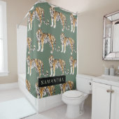 Tropisch groen Waterverf trekkerpatroon met naam Douchegordijn (In situ)