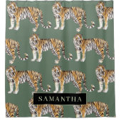 Tropisch groen Waterverf trekkerpatroon met naam Douchegordijn (Voorkant)