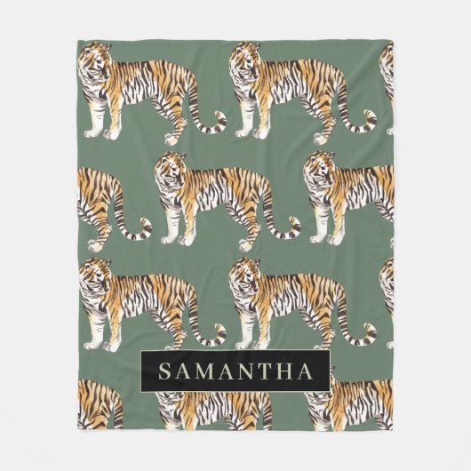 Tropisch groen Waterverf trekkerpatroon met naam Fleece Deken (Voorkant)