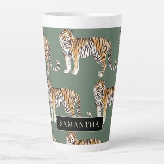 Tropisch groen Waterverf trekkerpatroon met naam Latte Mok (Voorkant)