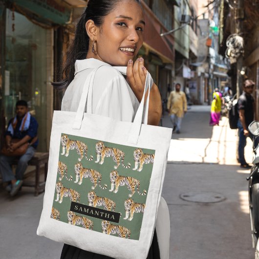 Tropisch groen Waterverf trekkerpatroon met naam Tote Bag