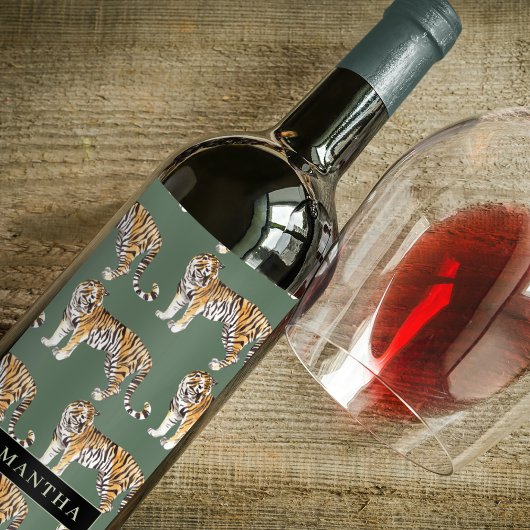 Tropisch groen Waterverf trekkerpatroon met naam Wijn Etiket