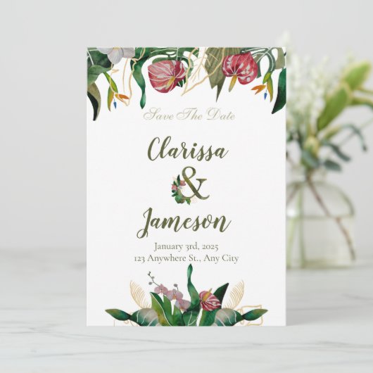 Tropisch groen Waterverf trouwfoto Save The Date (Staand voorkant)
