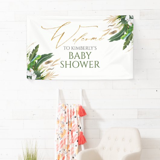 Tropisch groen Wit Orchidee Baby shower Welkom Spandoek (Insitu)