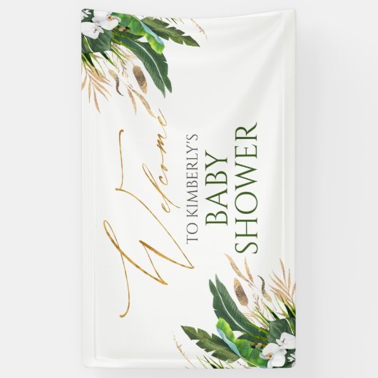 Tropisch groen Wit Orchidee Baby shower Welkom Spandoek (Verticaal)