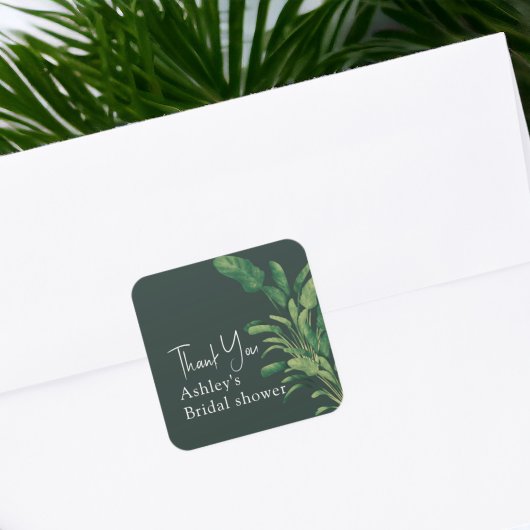 Tropisch groenbladig palmschrift bruids dank vierkante sticker