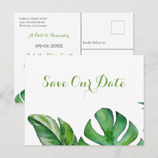 Tropisch groene aquarel Monstera Save The Date Briefkaart (Voorkant / Achterkant)