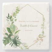 Tropisch groene en gouden aquarel palmenbladeren stenen onderzetter (Voorkant)