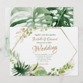 Tropisch Groene Monstera en Geometrische Lijst Wed Kaart (Voorkant / Achterkant)