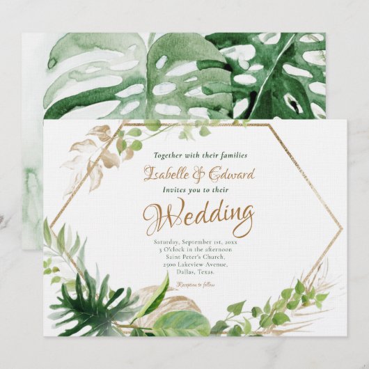 Tropisch Groene Monstera en Geometrische Lijst Wed Kaart (Voorkant / Achterkant)