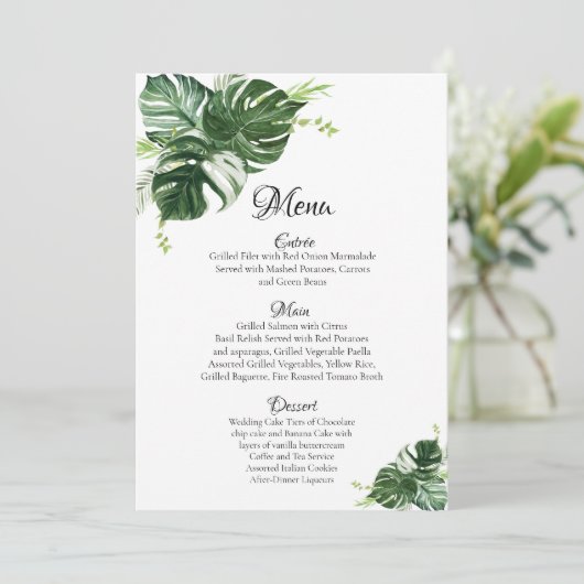 Tropisch Groene Monstera Leaves Wedding Menu (Staand voorkant)
