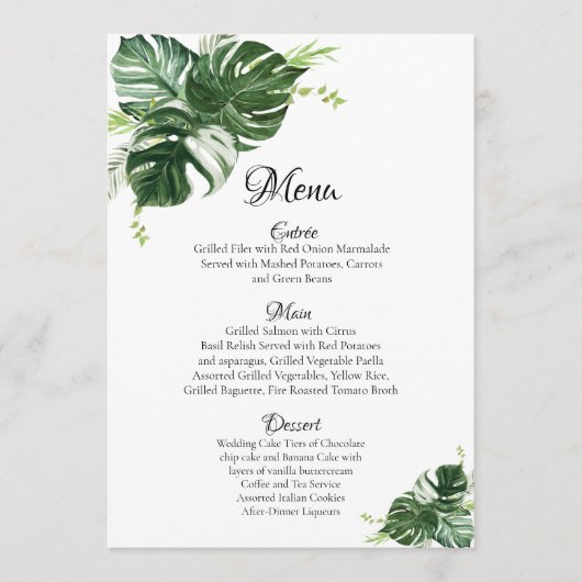 Tropisch Groene Monstera Leaves Wedding Menu (Voorkant)