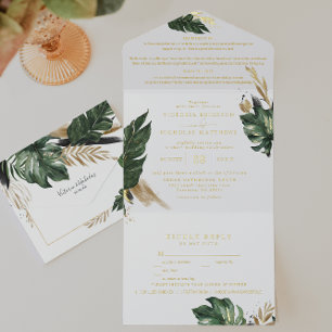 Tropisch groene palm- en bananenblad bruiloft all in one uitnodiging