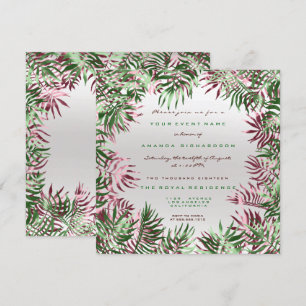 Tropisch groene palmblad frame zilver burgundy kaart