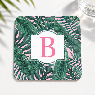 Tropisch groene palmbladeren roze monogram kartonnen onderzetters
