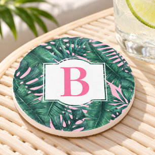 Tropisch groene palmbladeren roze monogram zandsteen onderzetter