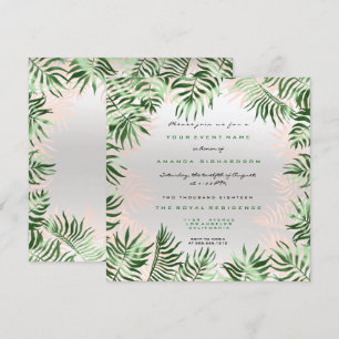 Tropisch groene palmbladframe zilver grijs roze kaart