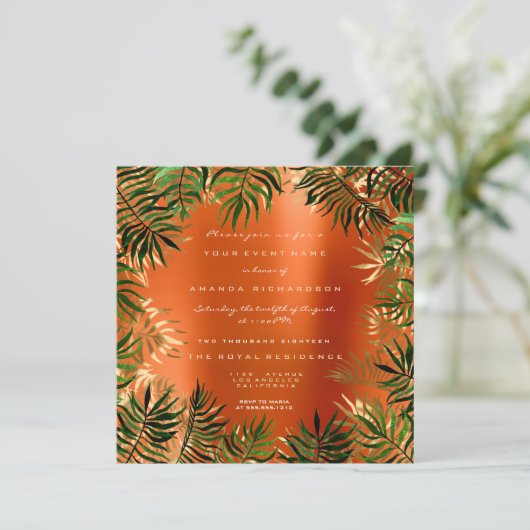 Tropisch groene palmbladlijst oranje koraal goud kaart (Staand voorkant)