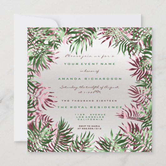 Tropisch groene palmbladlijst zilver burgundy kaart (Voorkant)