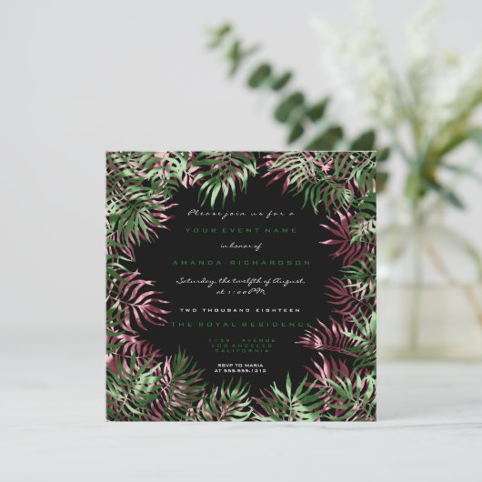 Tropisch groene palmbladlijst zwart wit burgundy kaart (Staand voorkant)