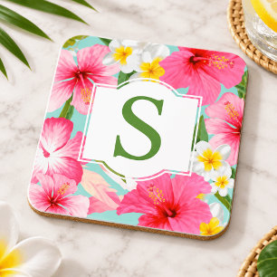 Tropisch groene roze bloemige aangepaste monogram bier onderzetter