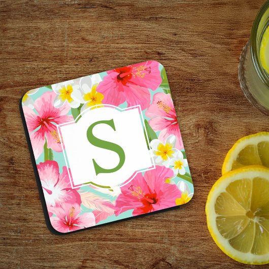 Tropisch groene roze bloemige aangepaste monogram bier onderzetter