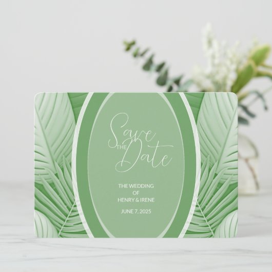 Tropisch groene trouwfoto QR-code save the date (Staand voorkant)