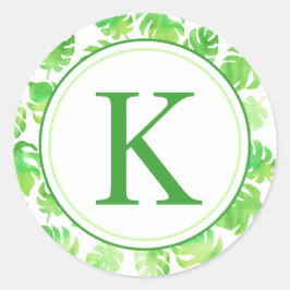 Tropisch groene Waterverf bladeren monogram Ronde Sticker