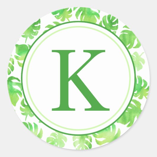 Tropisch groene Waterverf bladeren monogram Ronde Sticker (Voorkant)