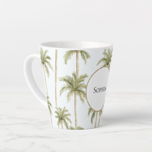 Tropisch groene witte palmbomen latte mok (Linkerhoek)