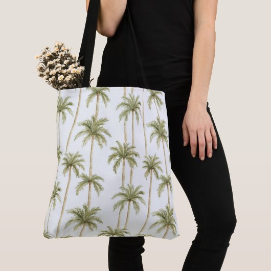 Tropisch groene witte palmbomen tote bag (Dichtbij)