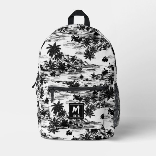 Tropisch Hawaïaans Eiland Zwart-wit Monogram Bedrukte Rugzak (Voorkant)