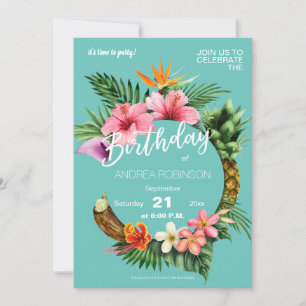 Tropisch Hawaiian Floral Birthday Party Blauwgroen Kaart