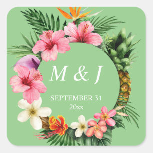 Tropisch Hawaiian Floral Monogram - Groen Vierkante Sticker