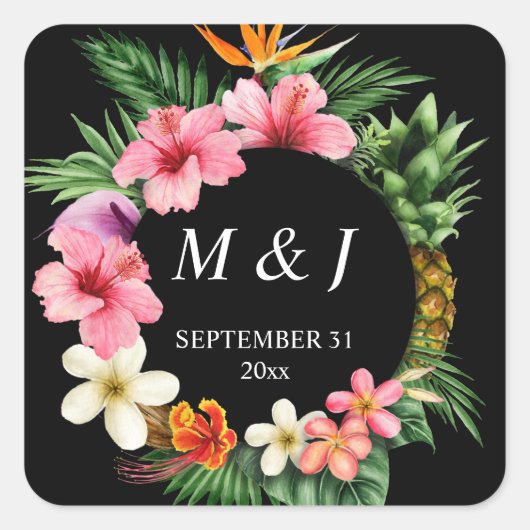 Tropisch Hawaiian Floral Monogram - zwart Vierkante Sticker (Voorkant)