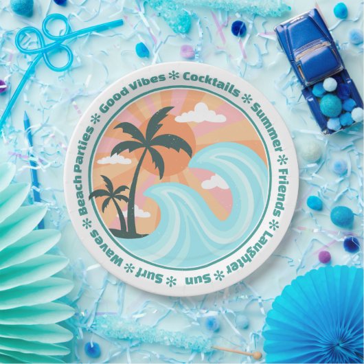 Tropisch Hawaiian Island Palm Trees Good Vibes Papieren Bordje (Feest)