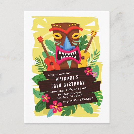 Tropisch Hawaiian Ukulele & Tiki Luau Birthday Uitnodiging Briefkaart (Voorkant)