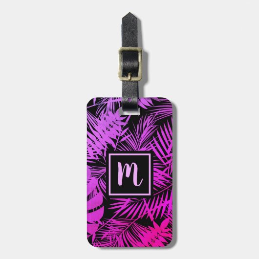 Tropisch heet roze palmblad modern chic monogram bagagelabel (Voorkant verticaal)