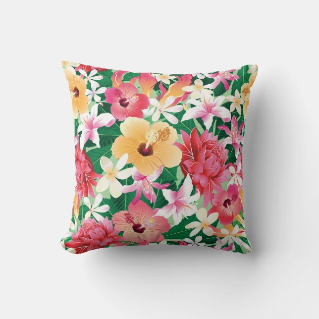 Tropisch Hibiscus Bloempatroon Kussen (Voorkant)