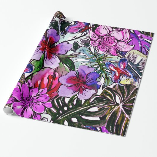 Tropisch HIbiscus Exotic Oerwoud Flowers Cadeaupapier (Uitgerold)