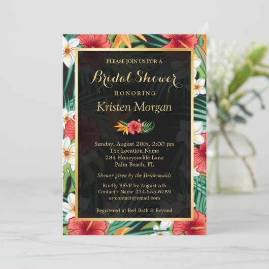 Tropisch Hibiscus Floral Gold Lijst Vrijgezellenfe Kaart (Staand voorkant)