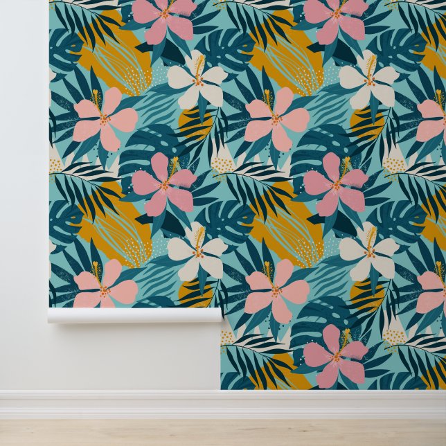 Tropisch Hibiscus Floral Pattern Behang (Applicatie)