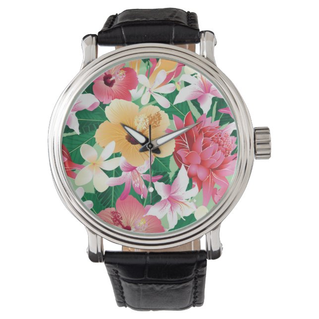 Tropisch Hibiscus Floral Pattern Horloge (Voorkant)