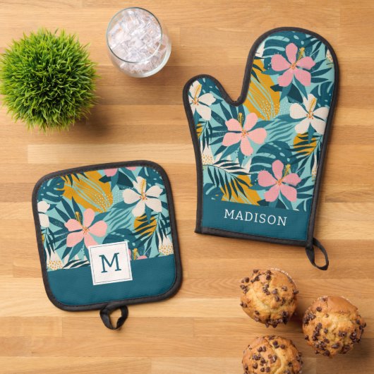 Tropisch Hibiscus Floral Pattern Ovenwant & Pannenlap Set (Top down)